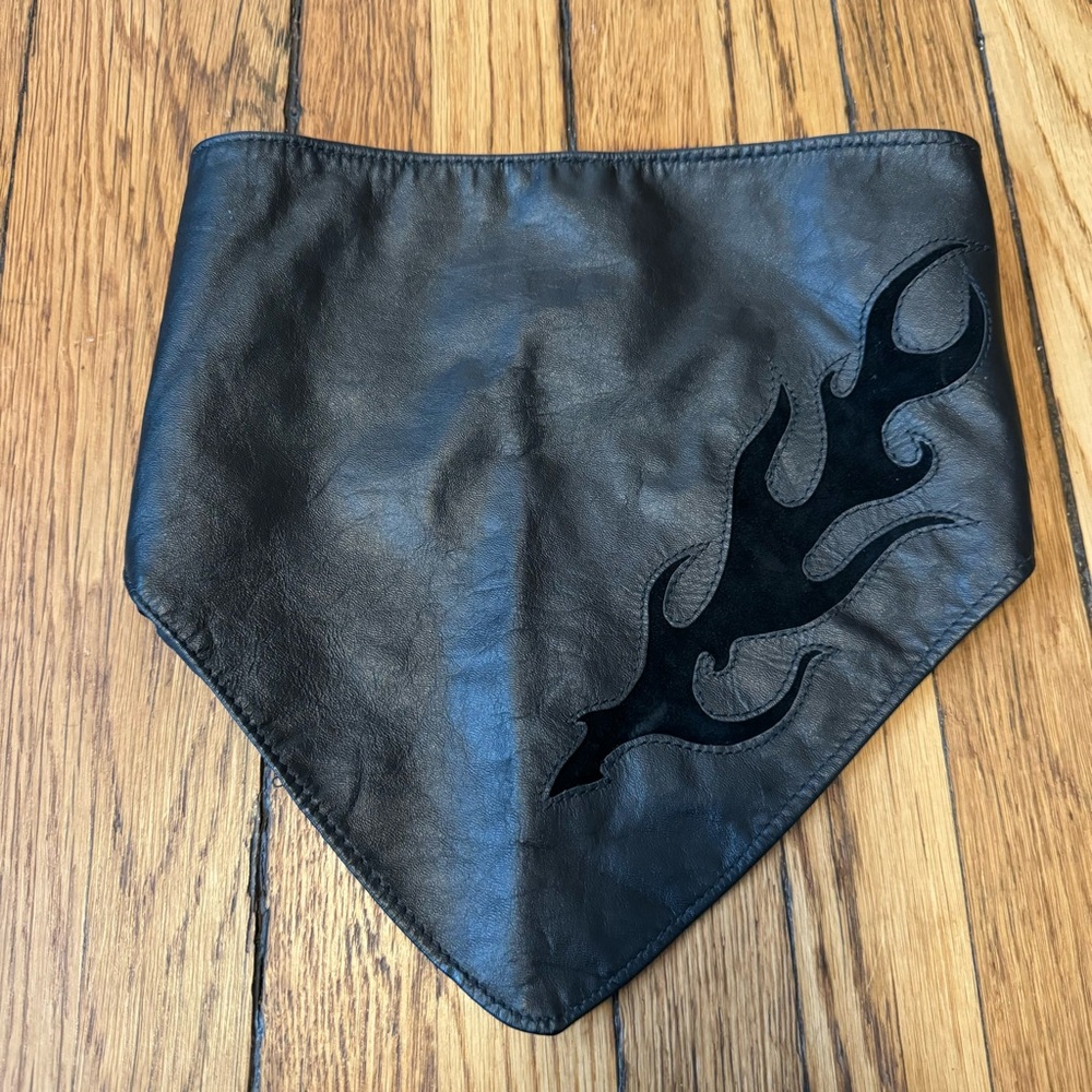 Vintage Gypsy Leather Black Leather Adjustable Bandana Motorcycle Flames Scarf